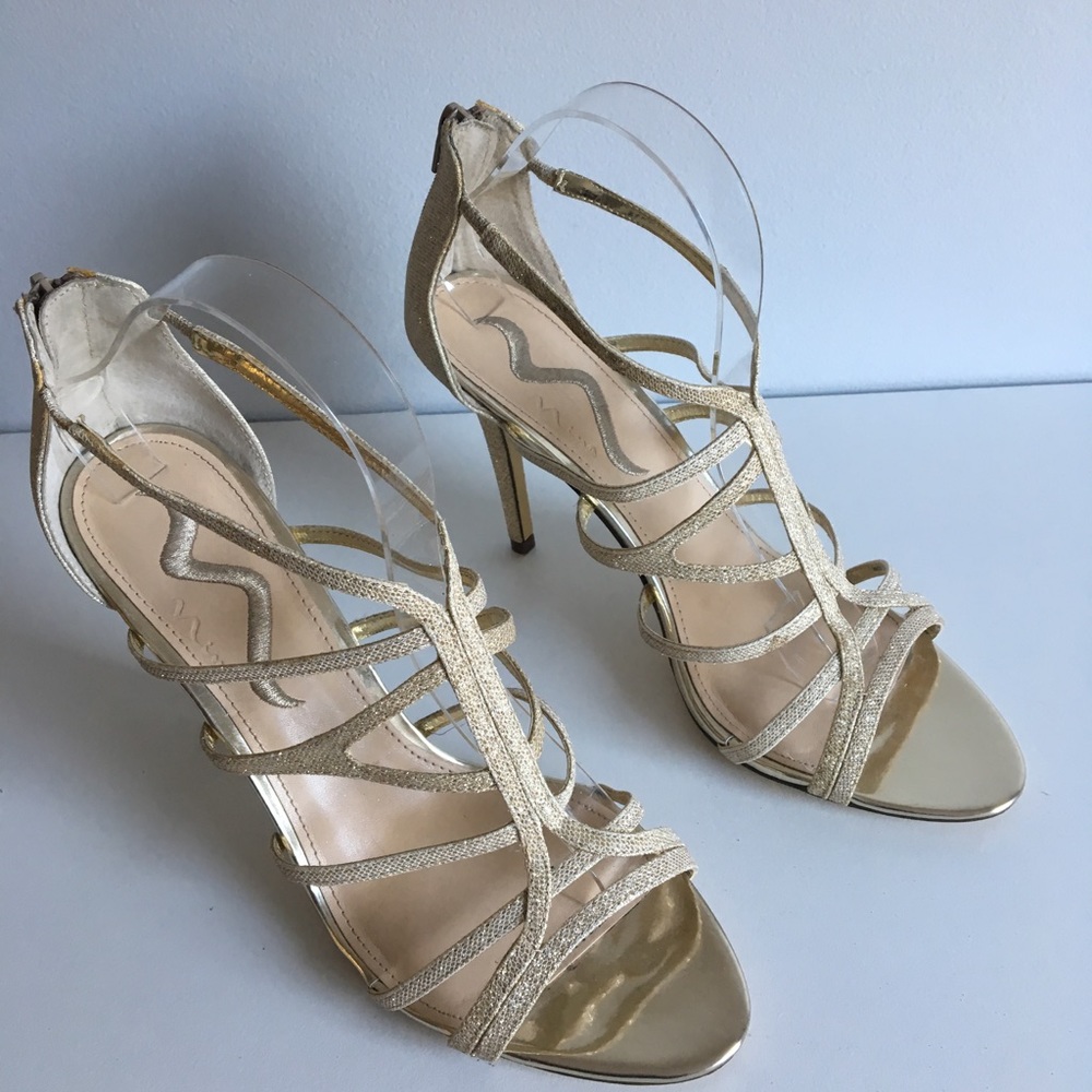 Nina Gold Sparkle Glitter Strappy Heels Size 10 M